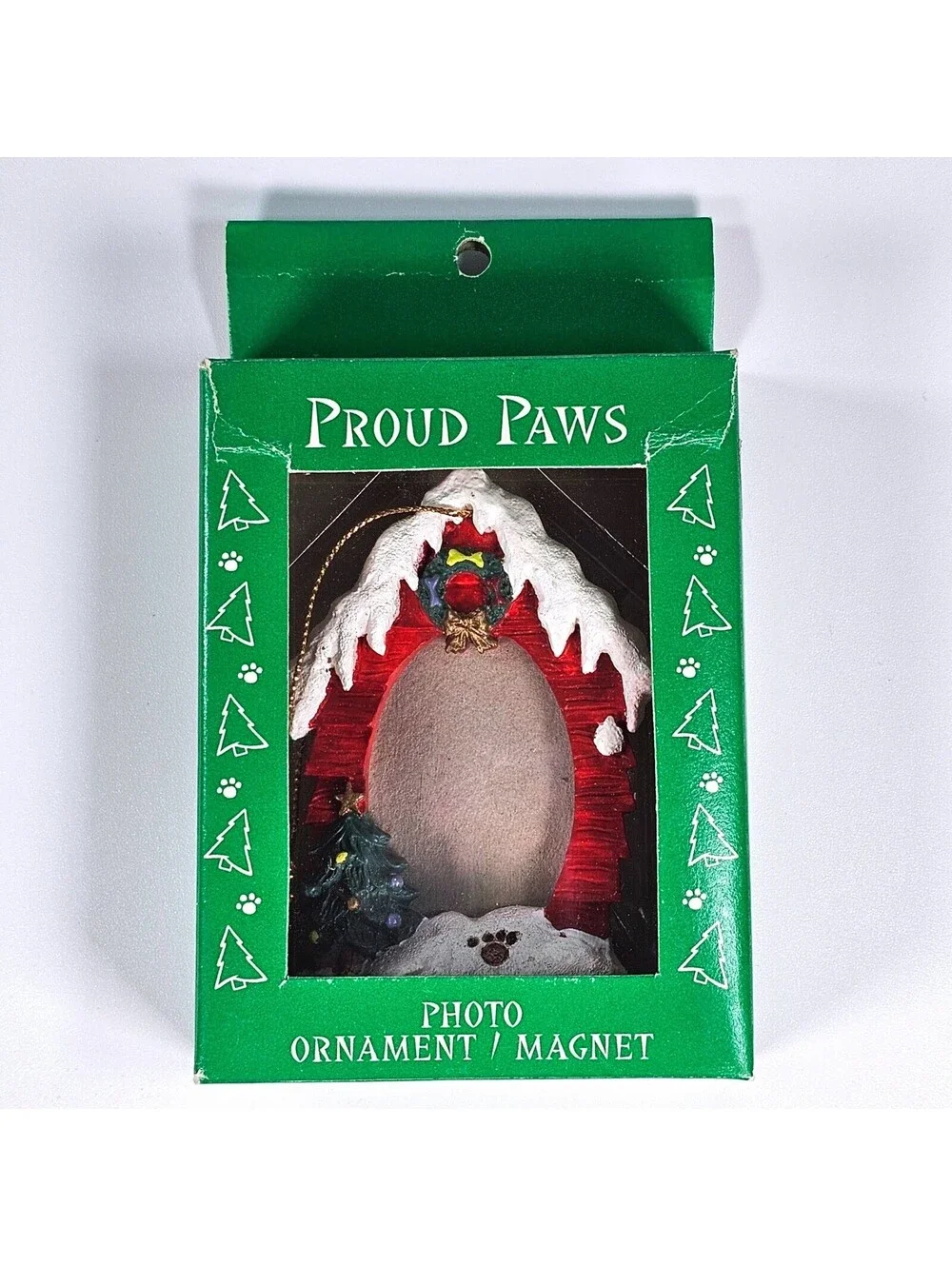 Vintage 1995 Proud Paws Pet Photo Ornament Magnet Red Doghouse Christmas Frame
